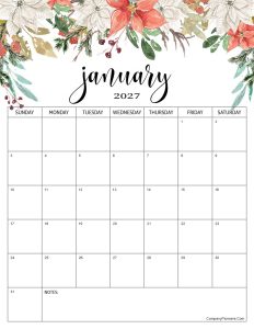 Red Roses Flower January 2027 Calendar with Notes