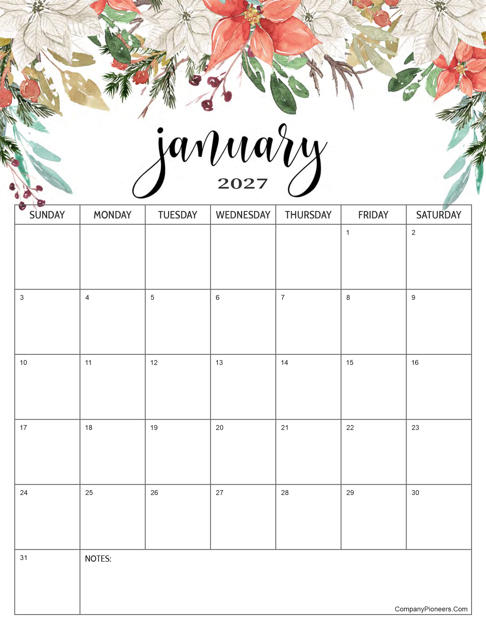 Red Roses Flower January 2027 Calendar with Notes