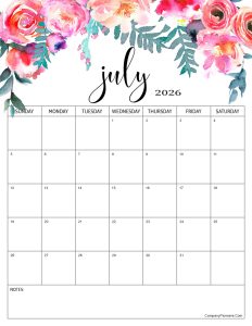 Red Roses Flower June 2026 Calendar with Notes