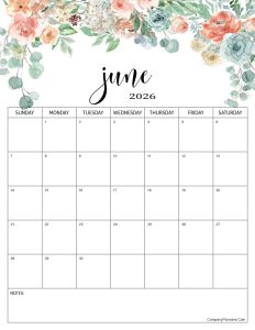 Red Roses Flower June 2026 Calendar with Notes