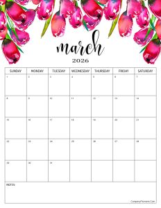 Red Roses Flower March 2026 Calendar with Notes