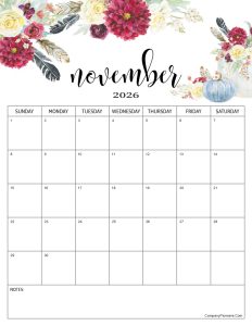 Red Roses Flower November 2026 Calendar with Notes