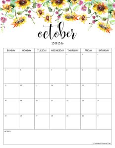 Red Roses Flower October 2026 Calendar with Notes