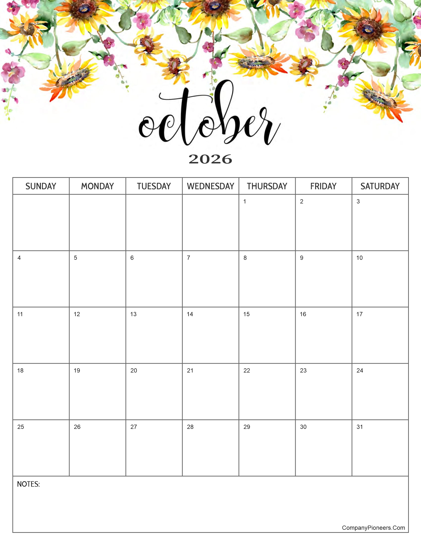 Red Roses Flower October 2026 Calendar with Notes