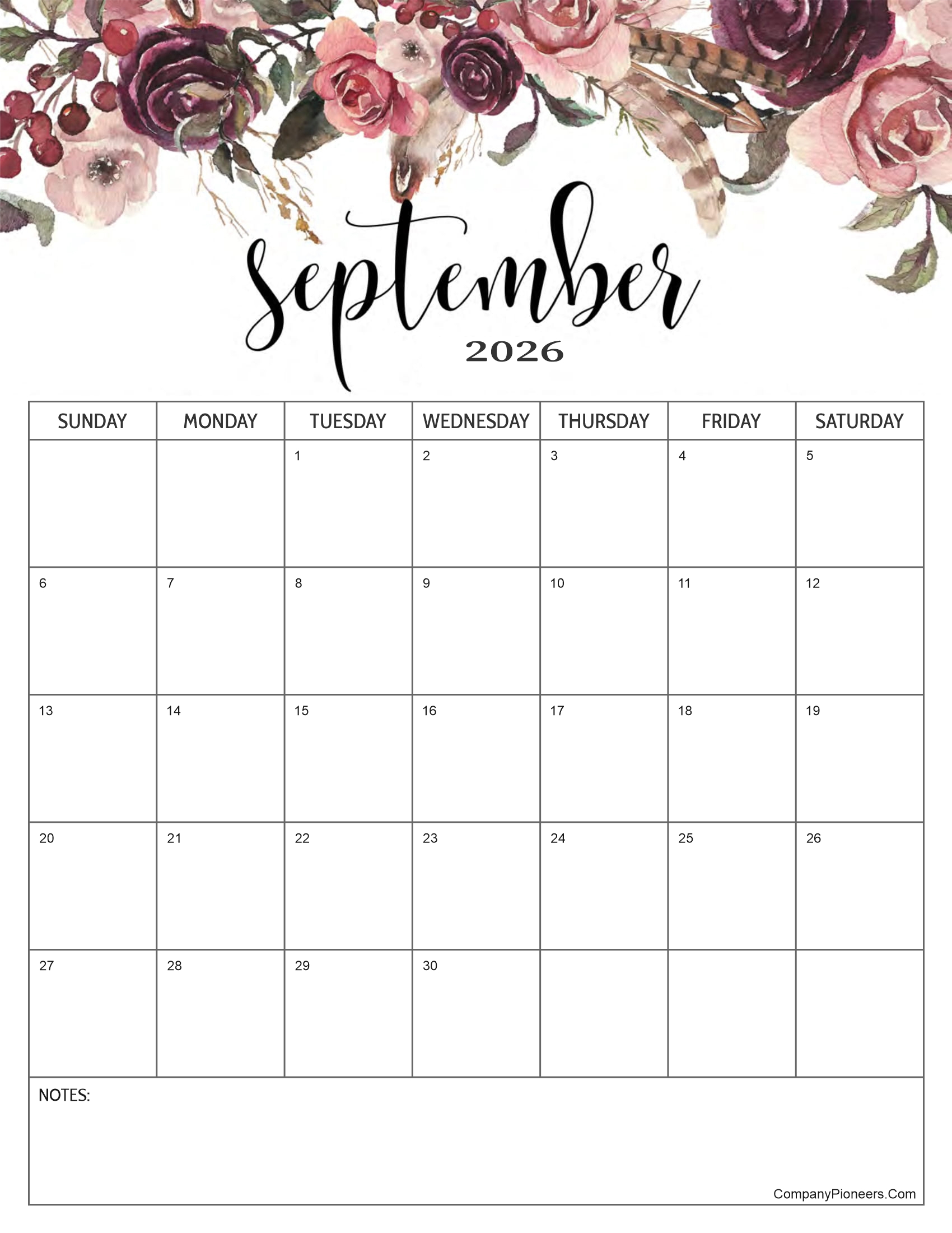 Red Roses Flower September 2026 Calendar with Notes