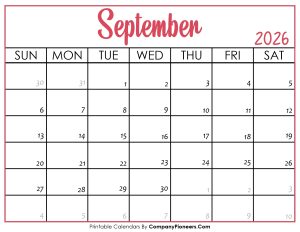 September 2026 Calendar Printable Pink Header