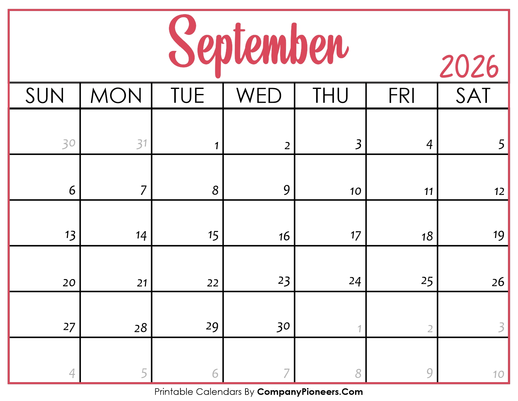 September 2026 Calendar Printable Pink Header