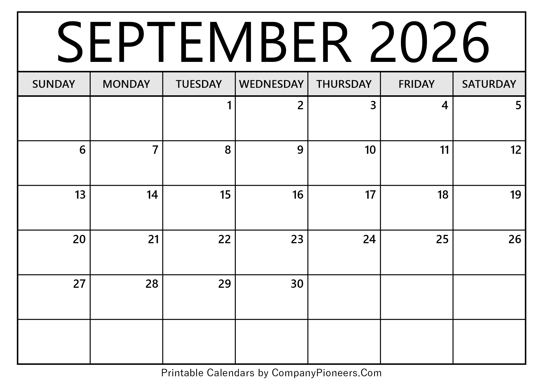 September 2026 Calendar Template Blank