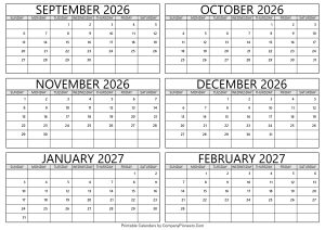 September 2026 to February 2027 Calendar
