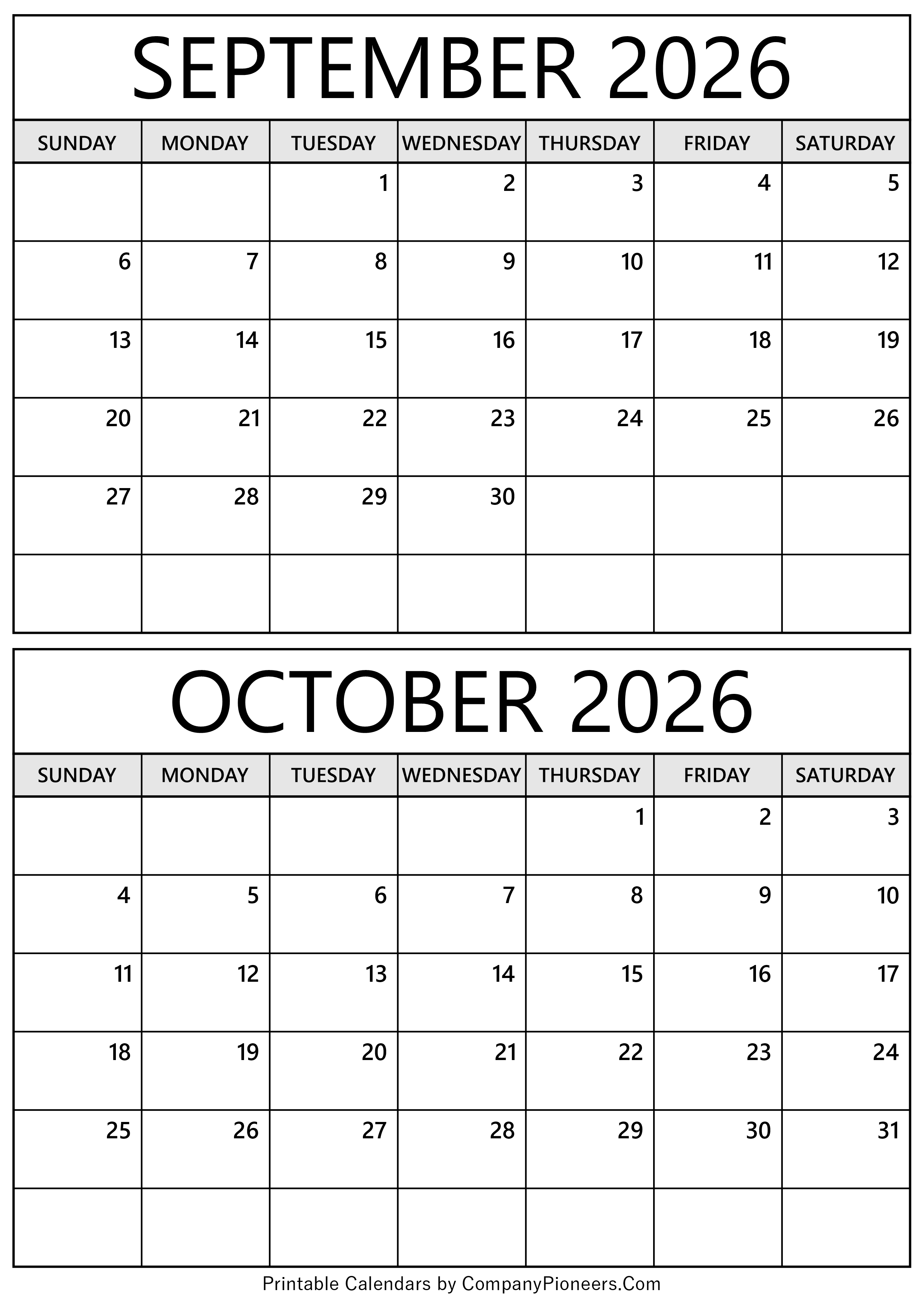 September October 2026 Calendar
