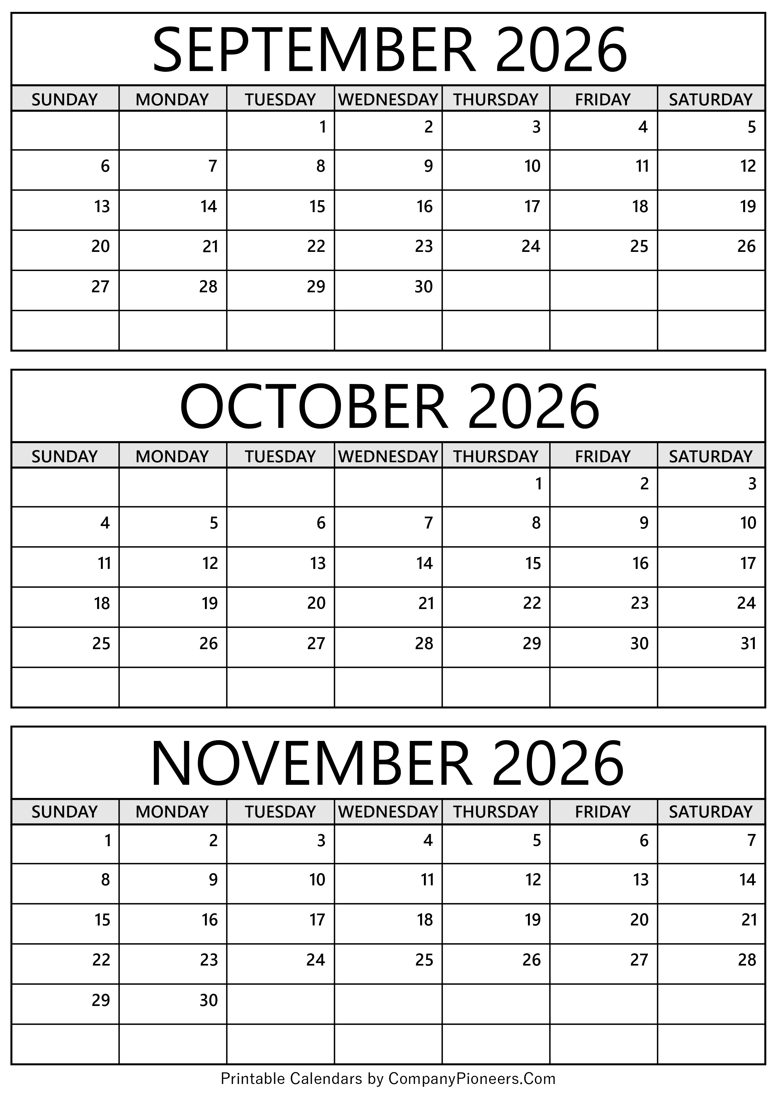 September October November 2026 Calendar