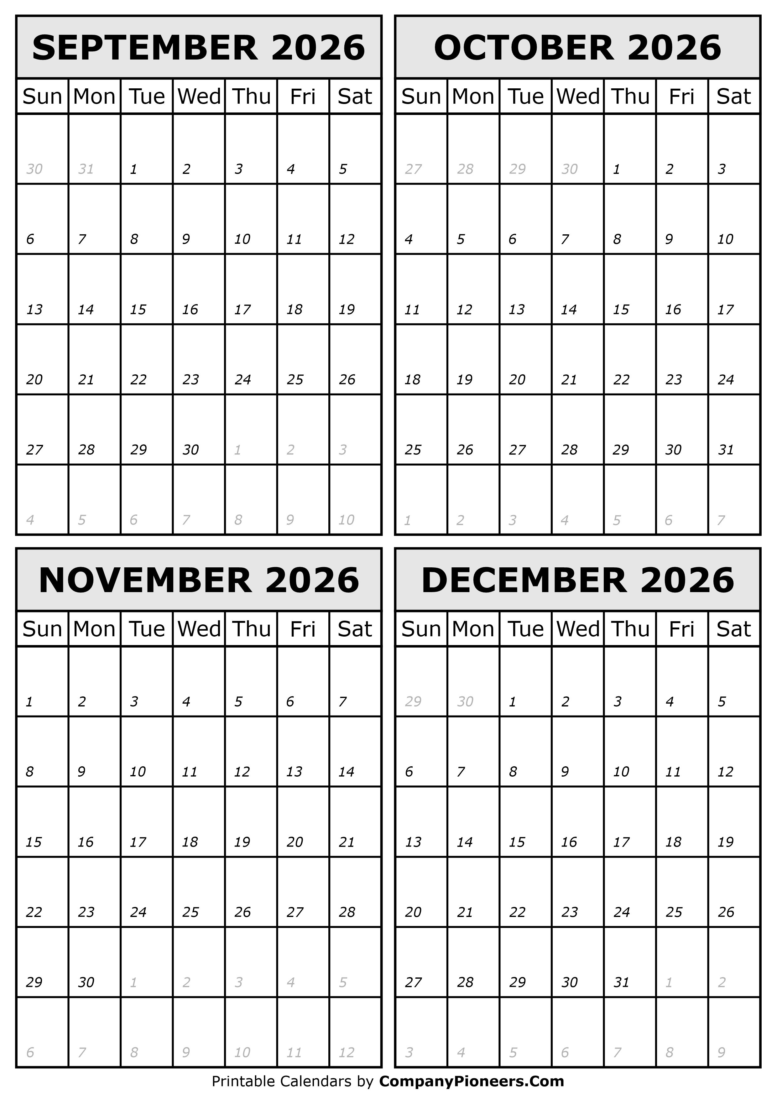 September October November December 2026 Calendar