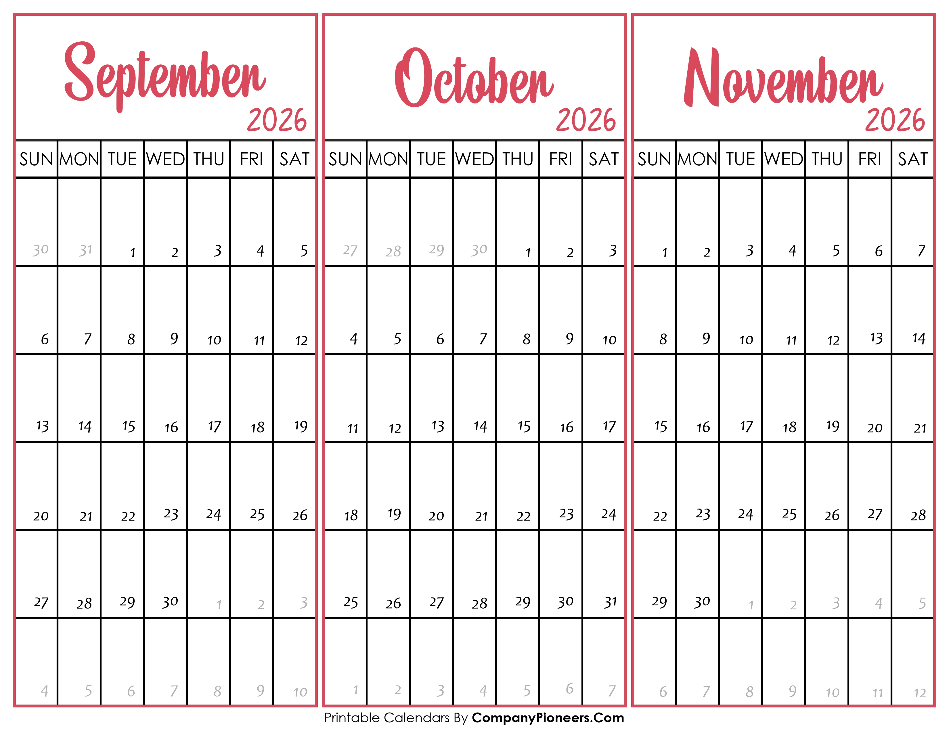 September October and November Calendar 2026