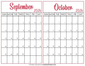September and October Calendar 2026
