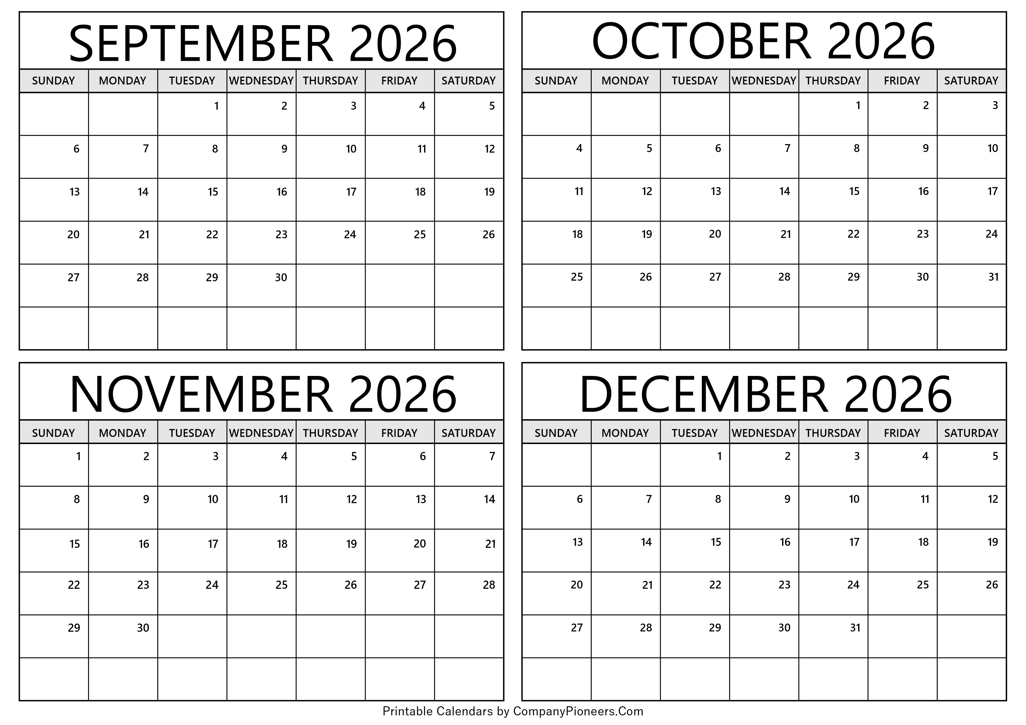 September to December 2026 Calendar