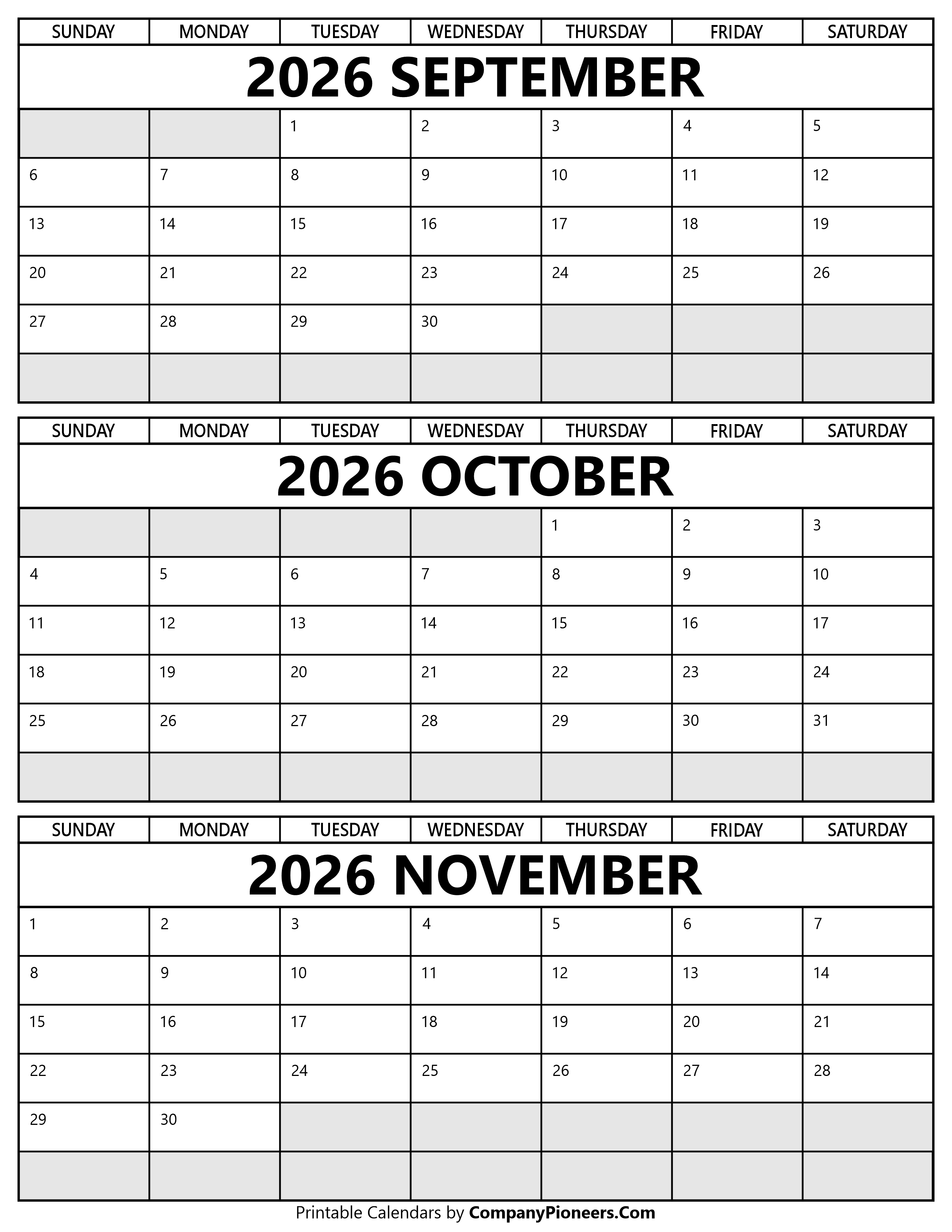 September to November 2026 Calendar