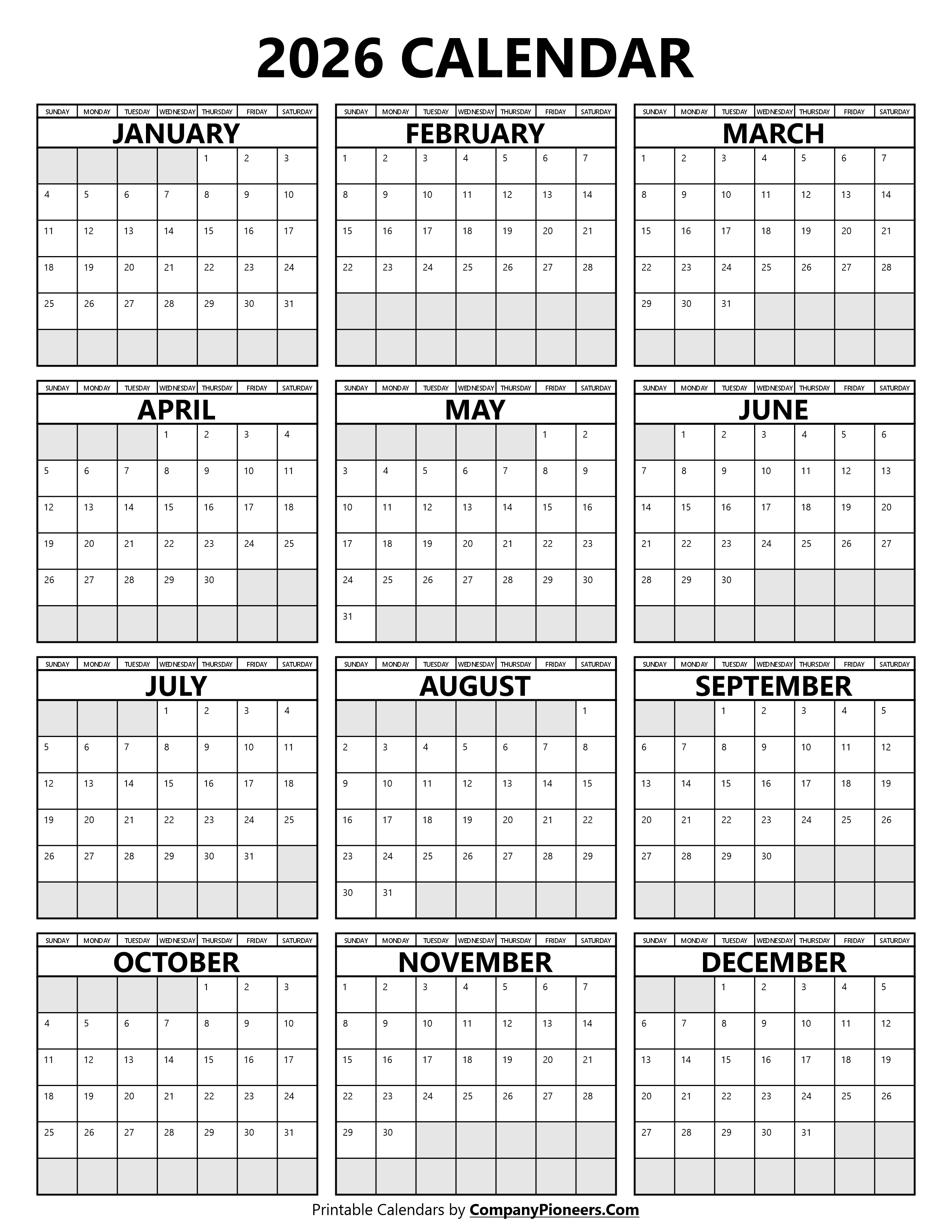 2026 Calendar Segoe UI Font