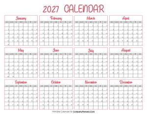2027 Calendar Printable Pink Header
