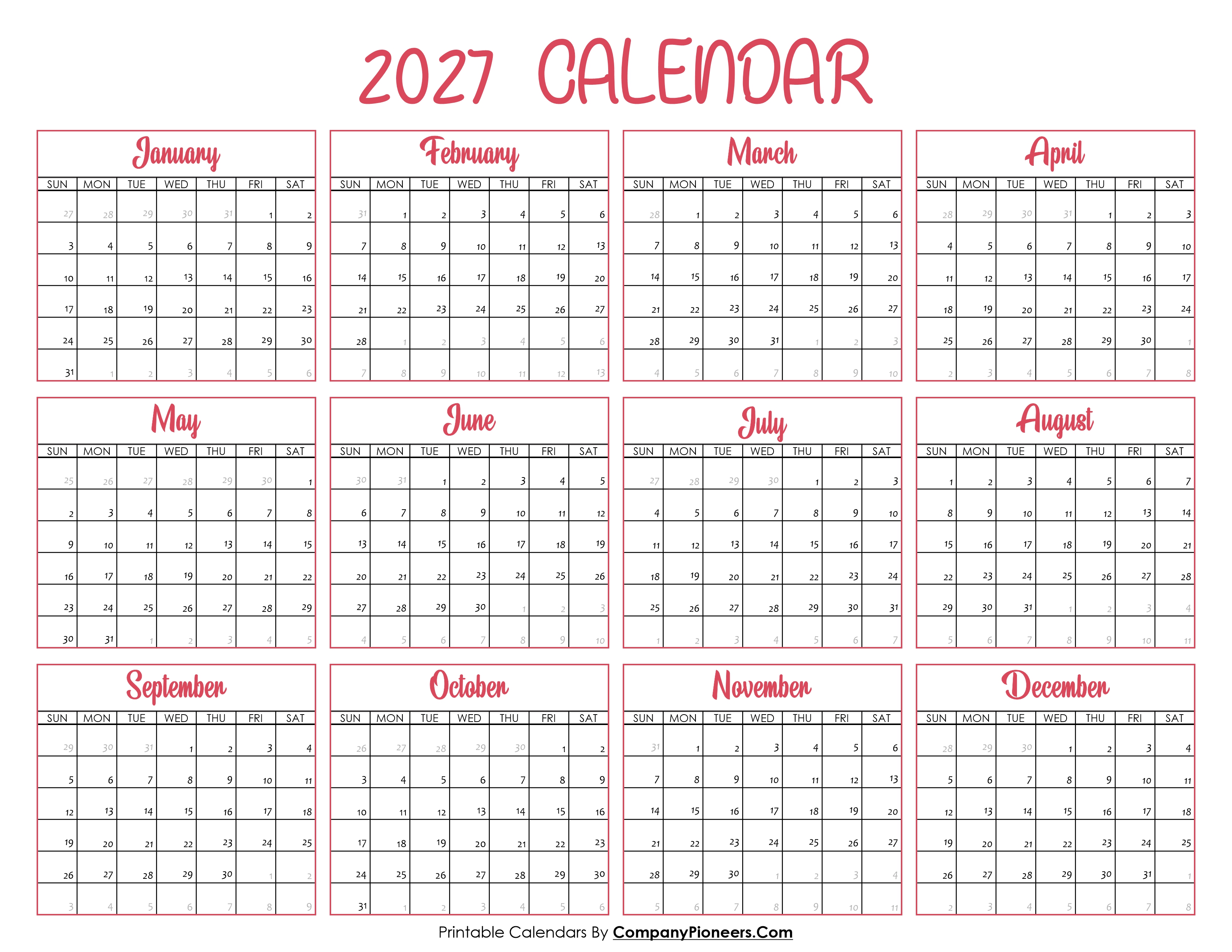 2027 Calendar Printable Pink Header