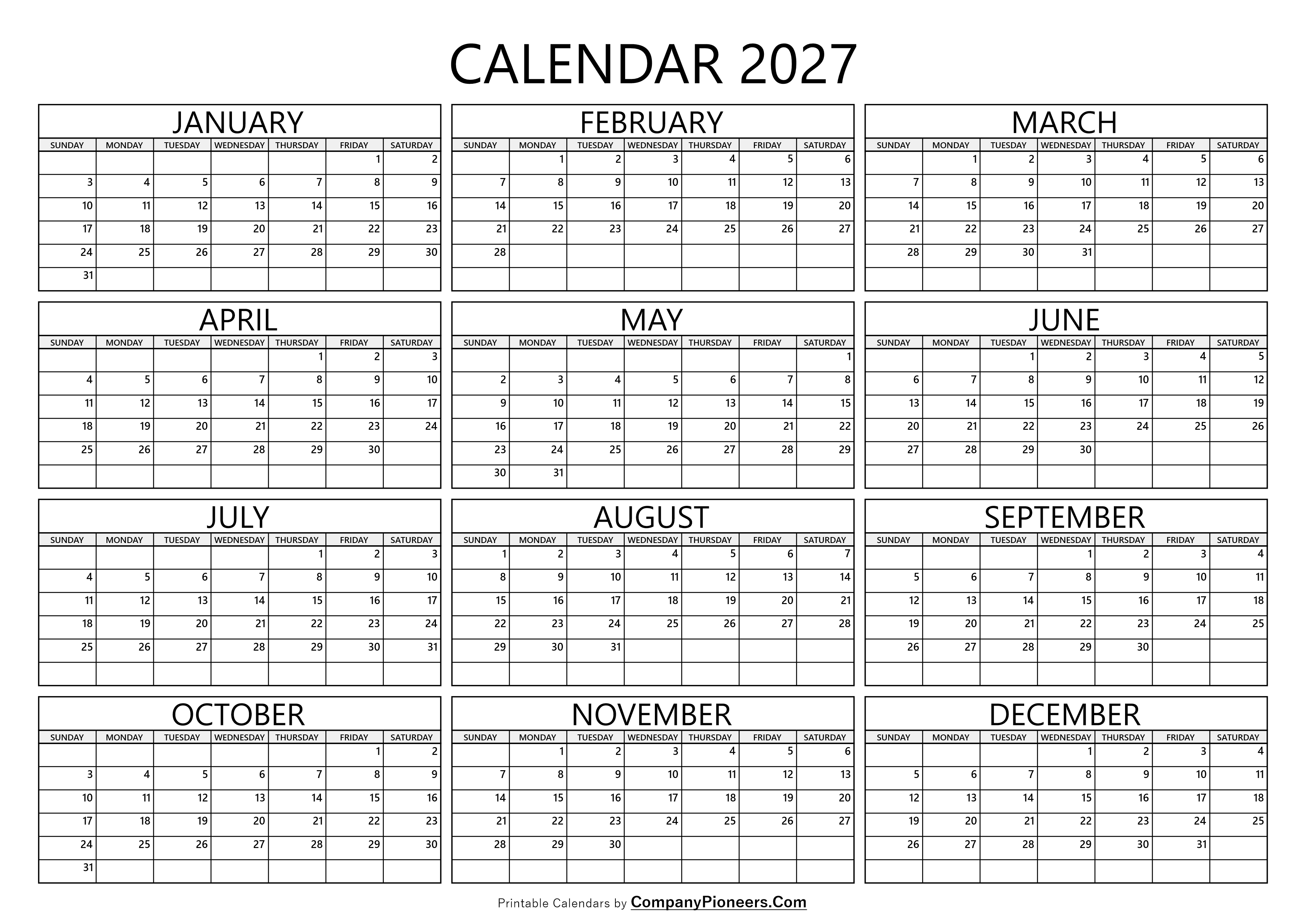 2027 Calendar Template Blank