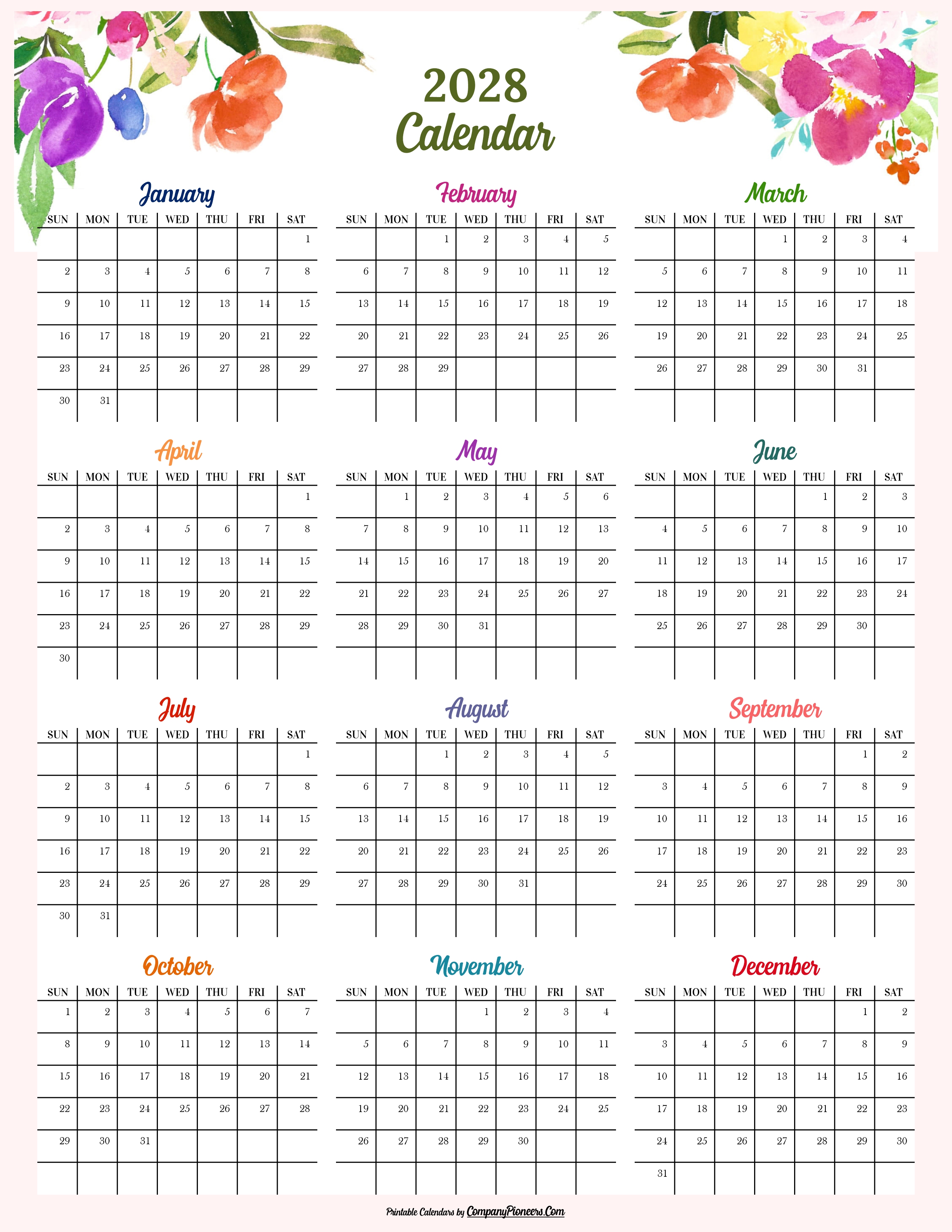 2028 Calendar Floral