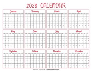2028 Calendar Printable Pink Header
