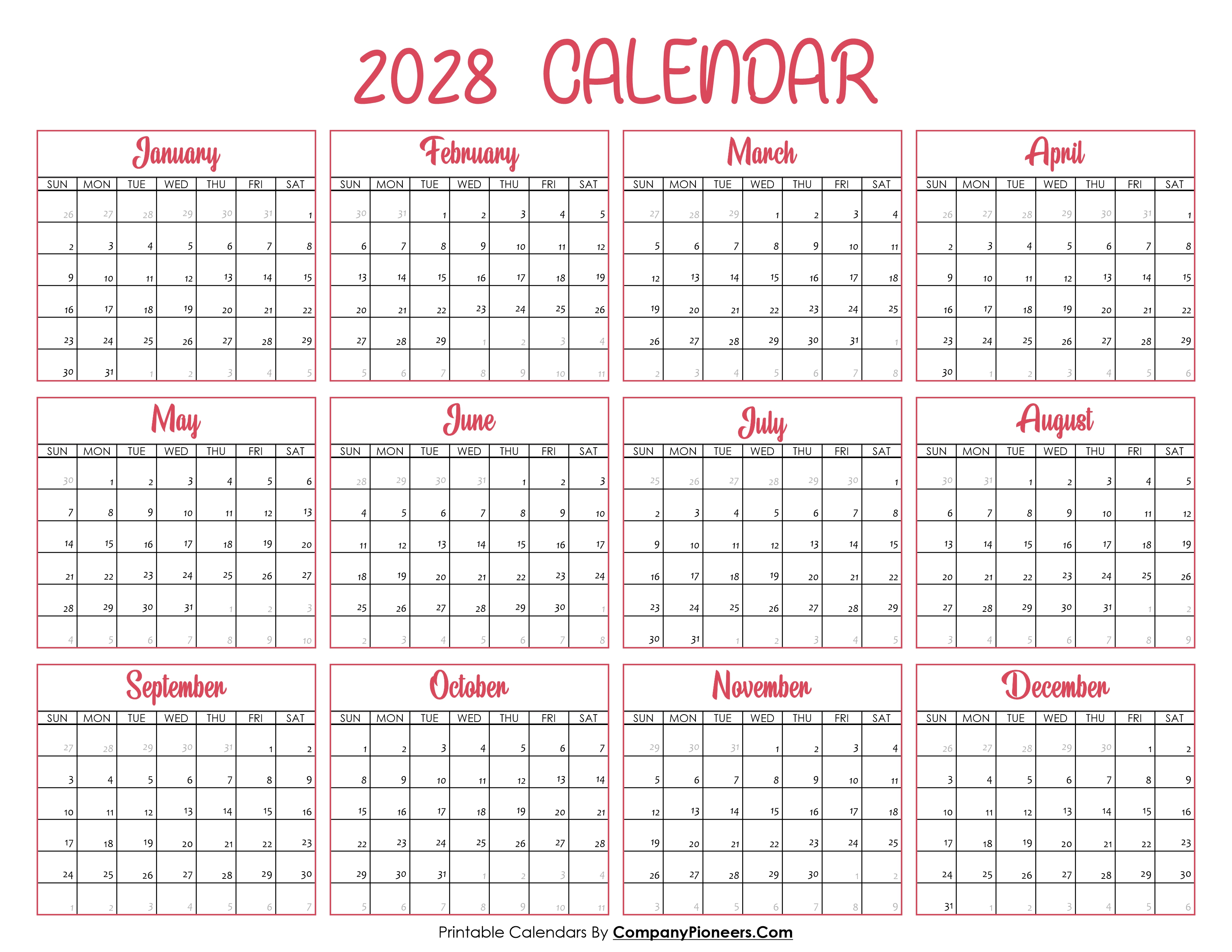 2028 Calendar Printable Pink Header