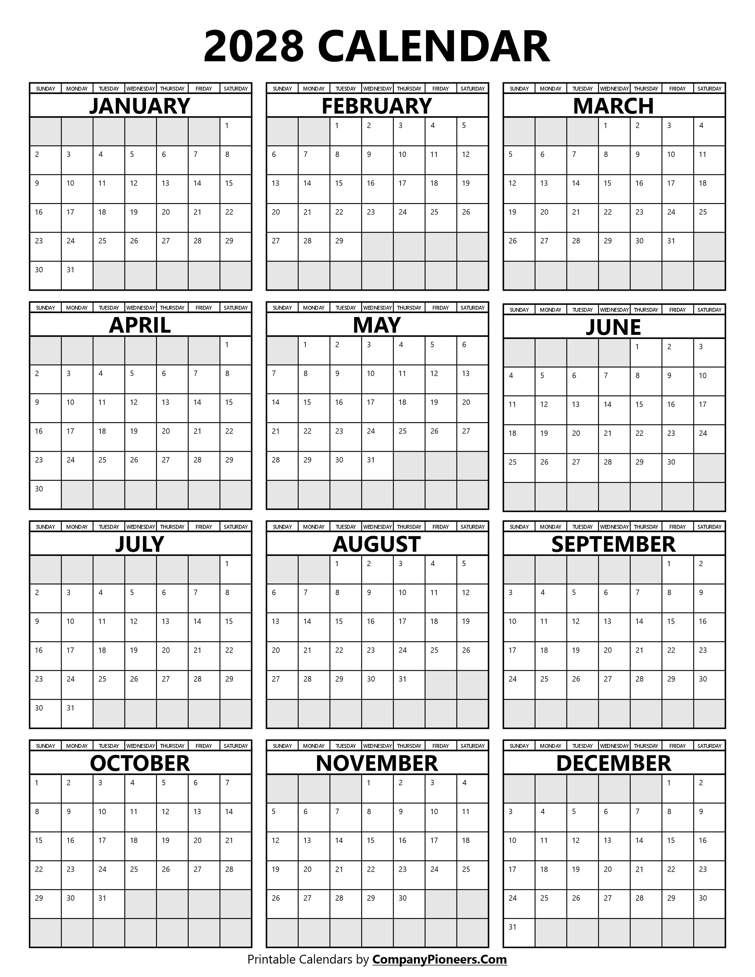 2028 Calendar Segoe UI Font