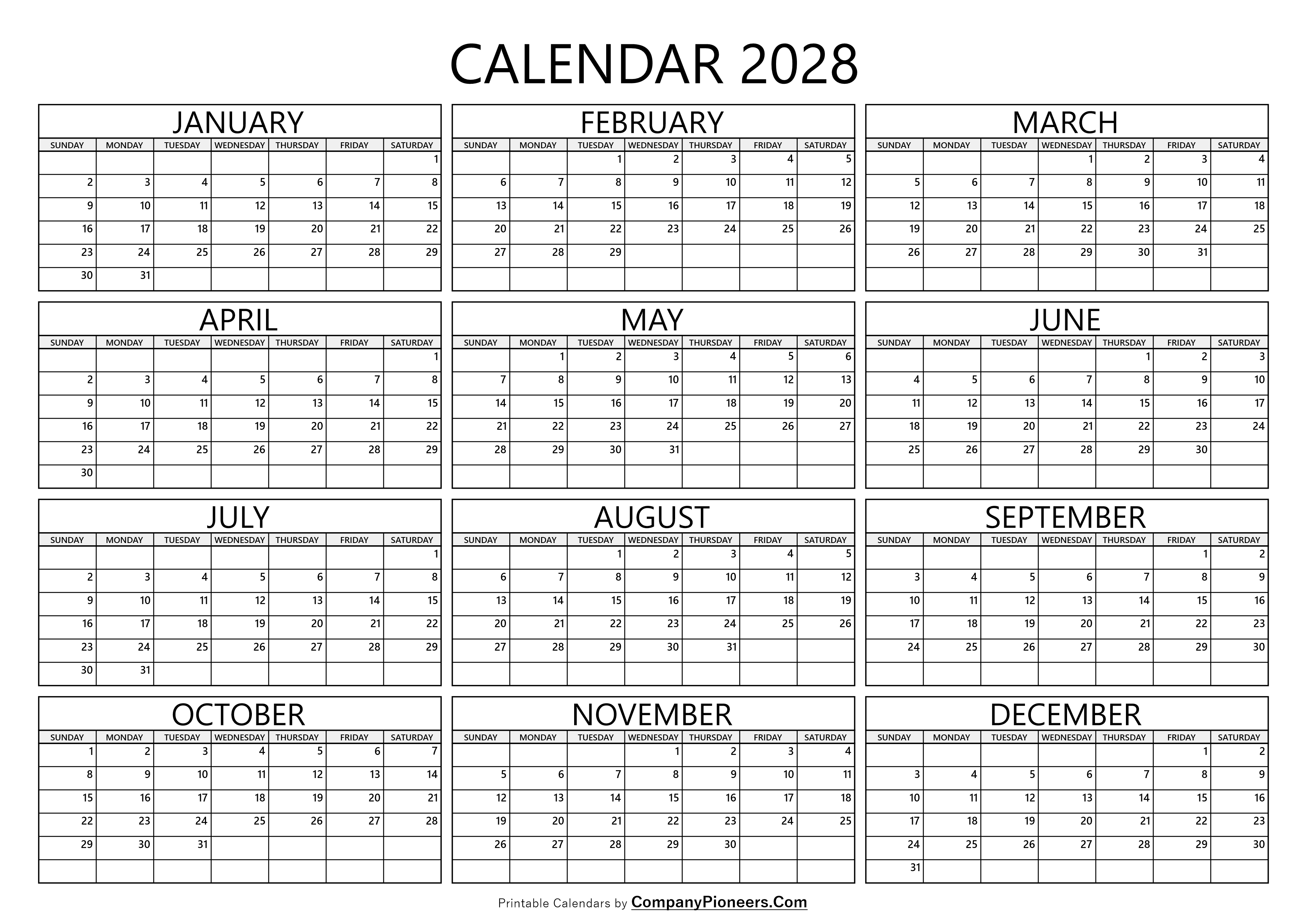 2028 Calendar Template Blank