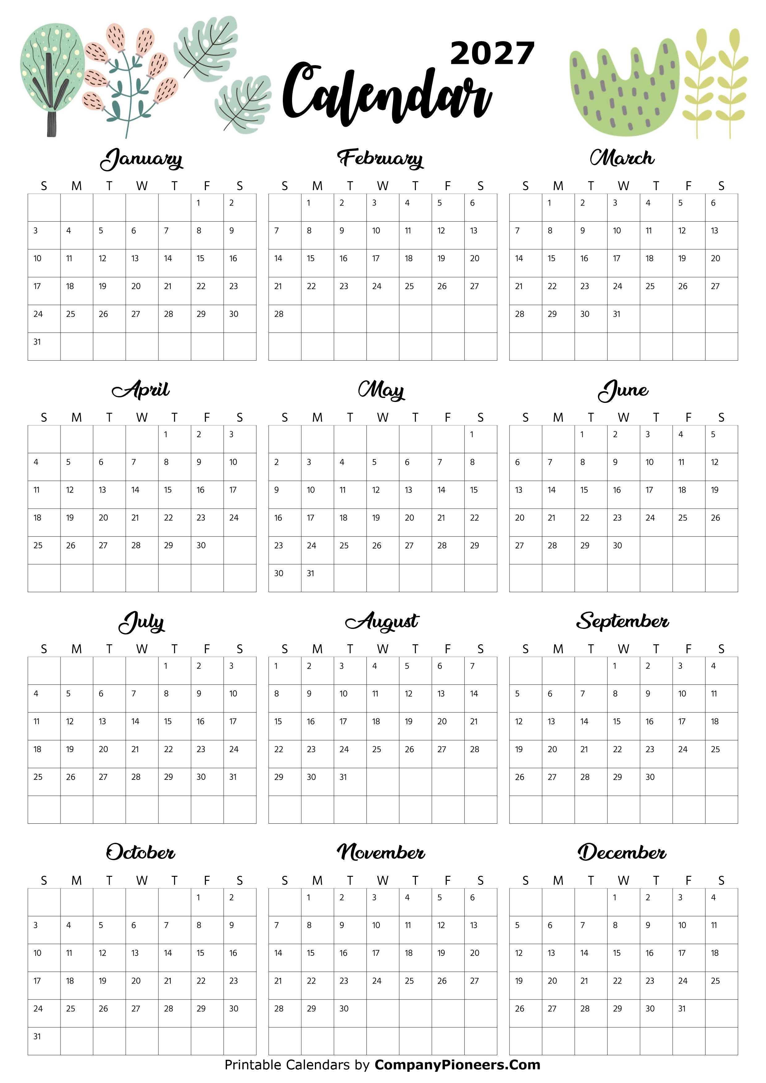 Calendar 2027 Cute Cactus Leaves