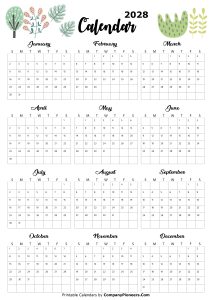 Calendar 2028 Cute Cactus Leaves