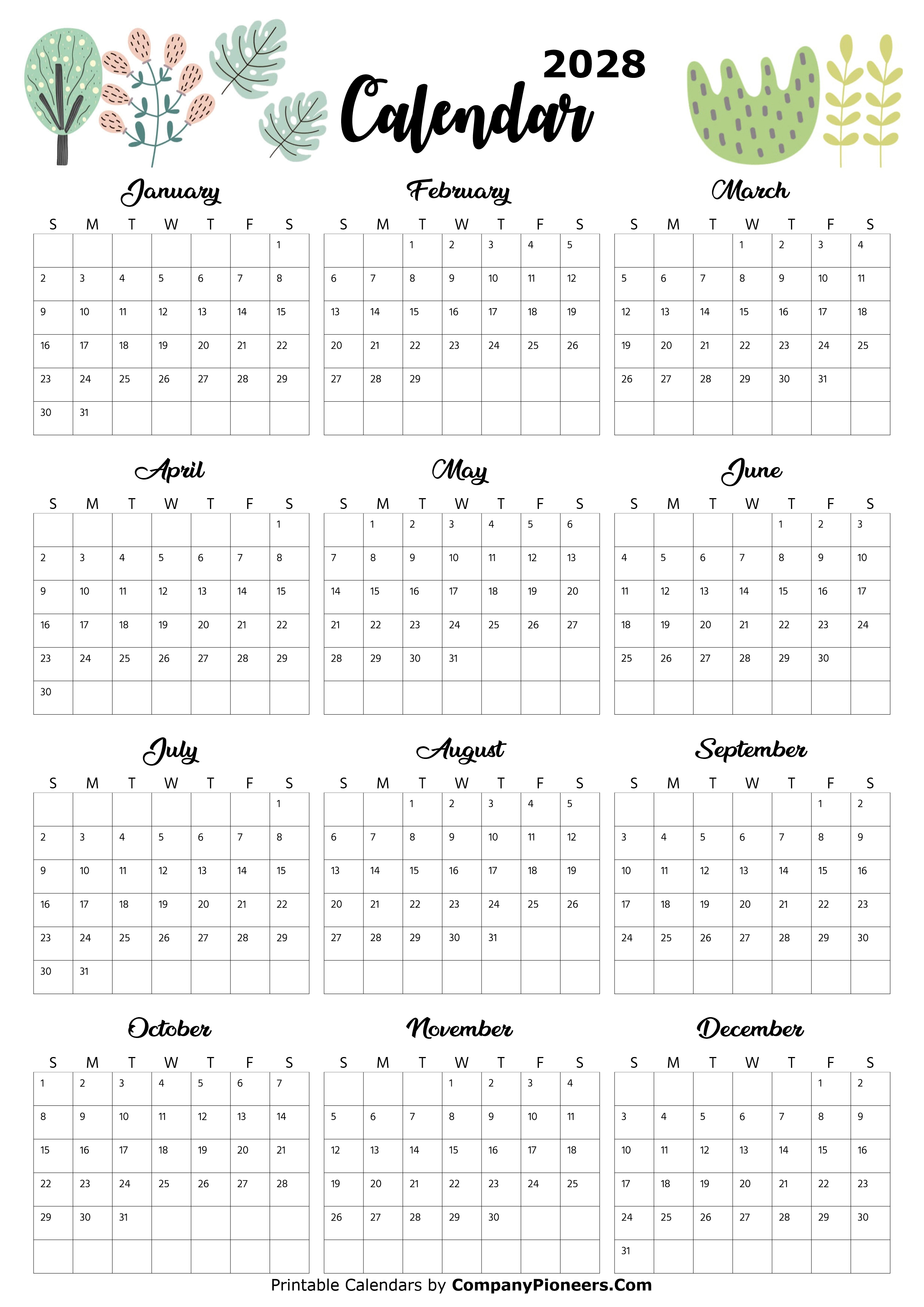 Calendar 2028 Cute Cactus Leaves