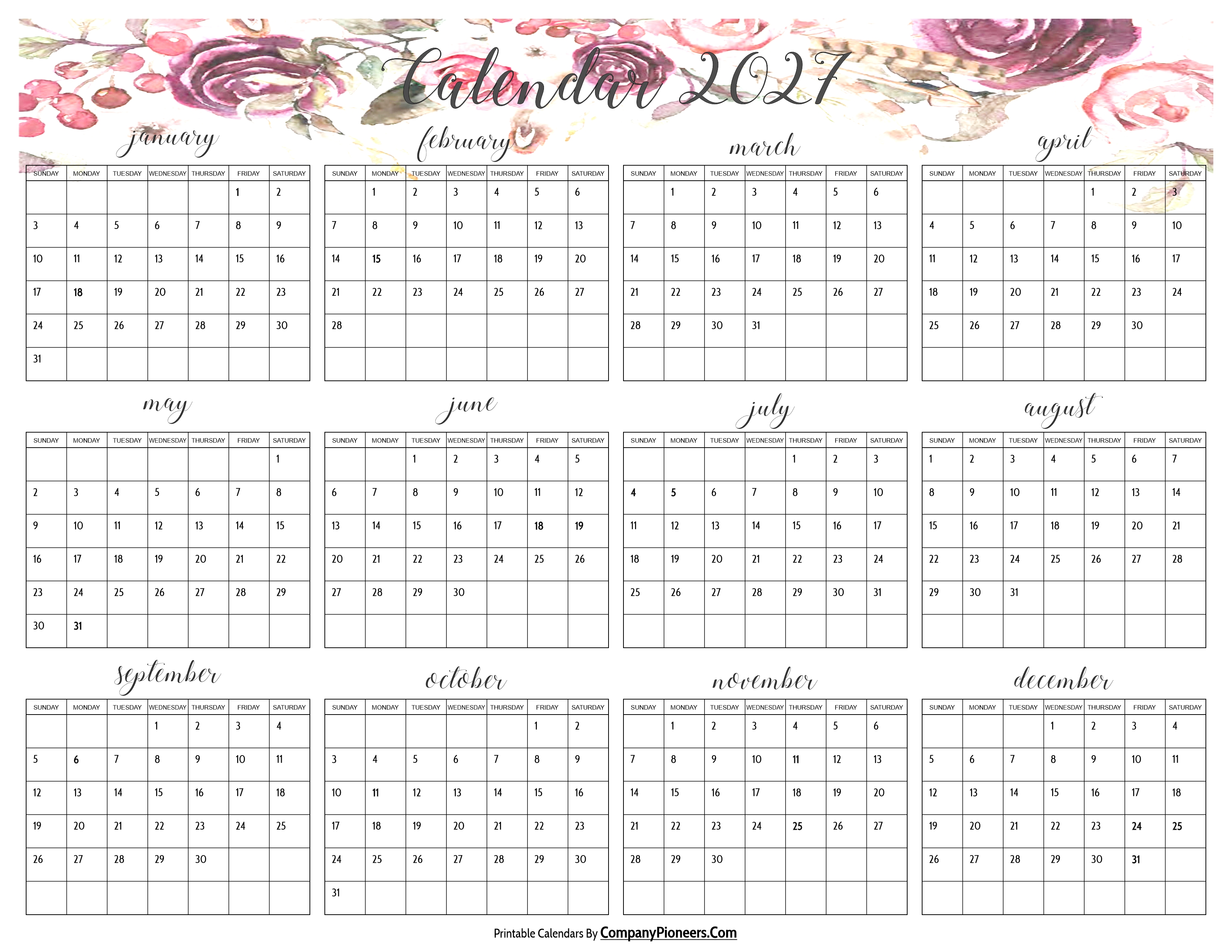 Cute 2027 Calendar Multi Flower