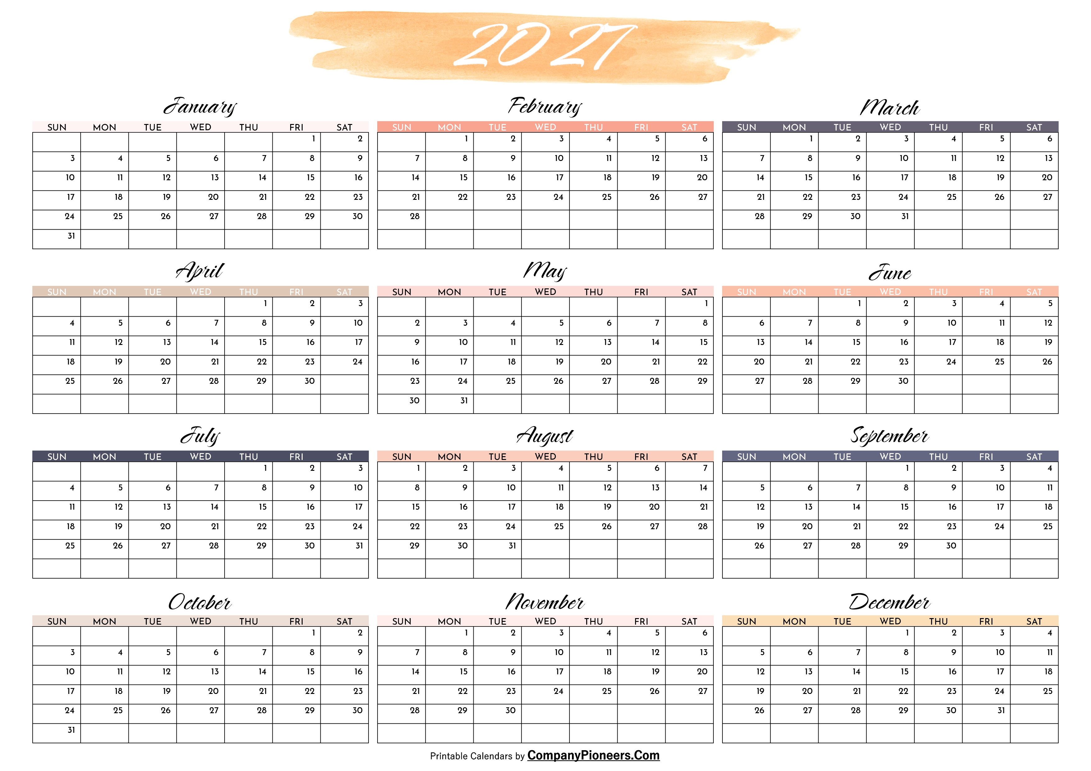 Cute 2027 Calendar Printable Water Color