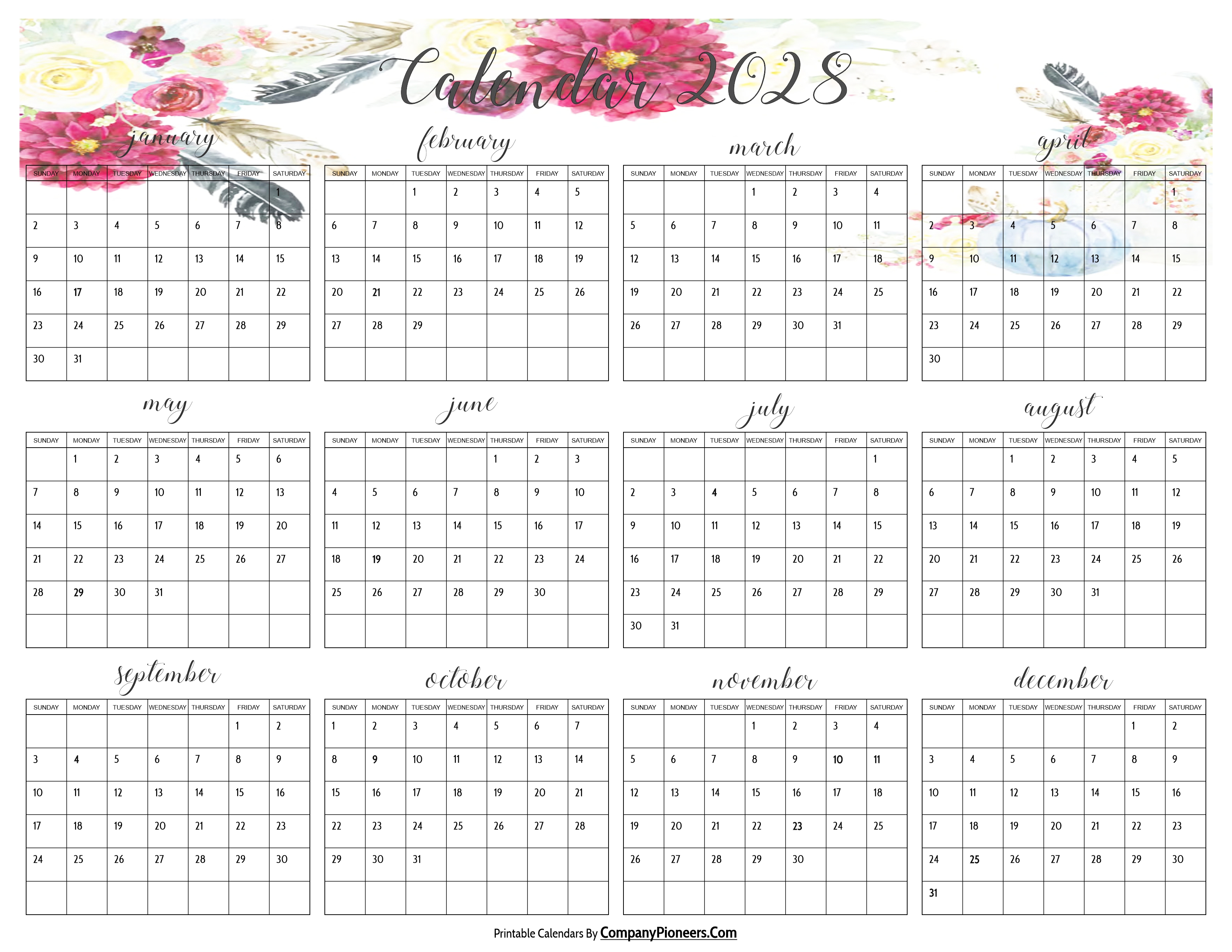 Cute 2028 Calendar Multi Flower
