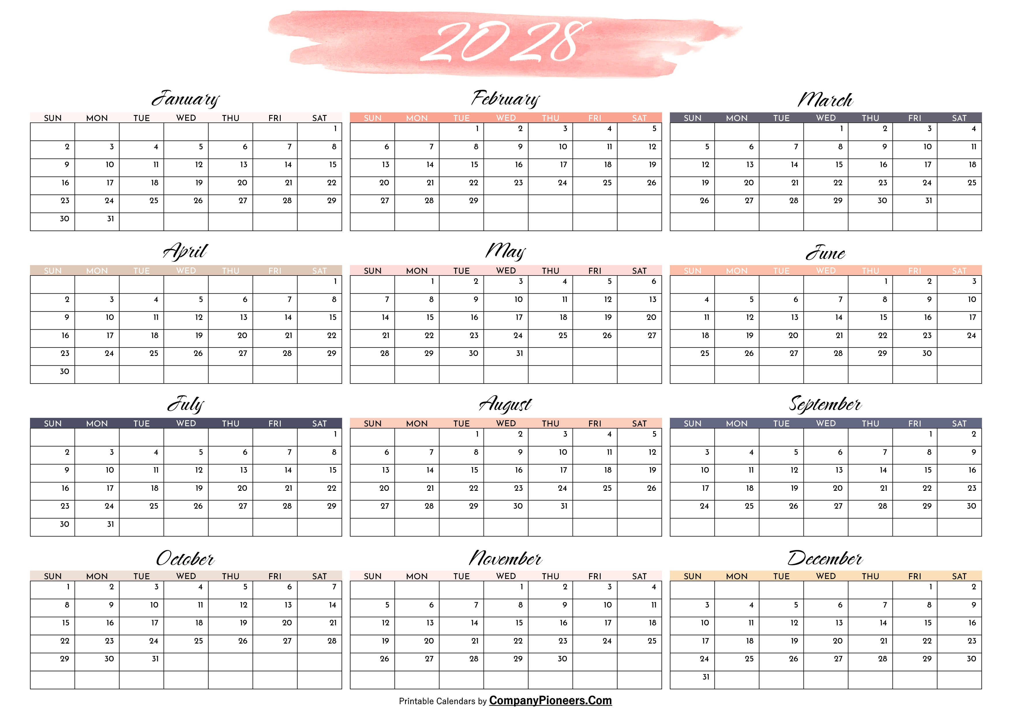 Cute 2028 Calendar Printable Water Color
