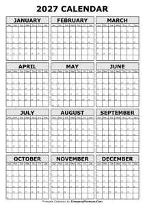 Printable 2027 Calendar Italic Font