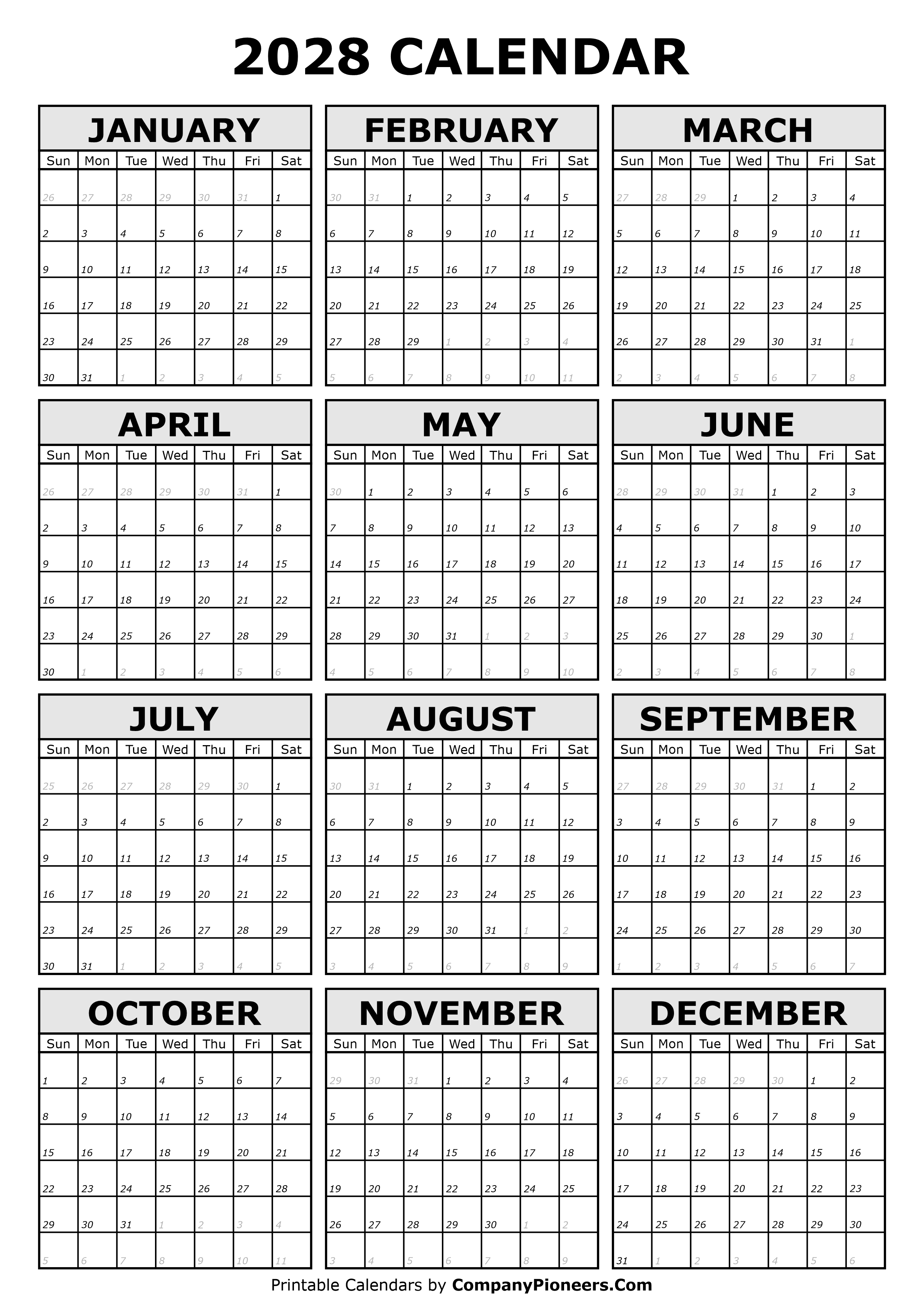 Printable 2028 Calendar Italic Font